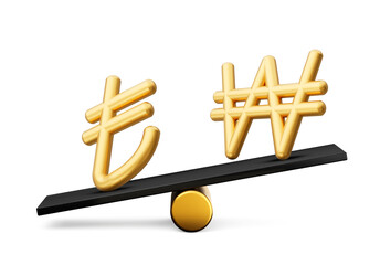 3d Golden Lira And Won Symbol Icons With 3d Black Balance Weight Seesaw, 3d illustration