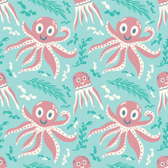 Cute octopus, jellyfish and fish. Underwater ocean world in pink and green. Kids Seamless vector pattern in flat style. Sea life print for fabric, wallpaper for a nursery or children's textile