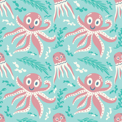 Obraz premium Cute octopus, jellyfish and fish. Underwater ocean world in pink and green. Kids Seamless vector pattern in flat style. Sea life print for fabric, wallpaper for a nursery or children's textile