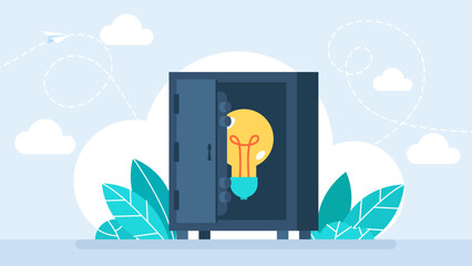 Intellectual property. Copyright. Authorship rights Idea legal owner information protection with trademark and copyright. Data license trade or piracy and plagiarism control. Vector flat illustration.