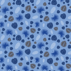 Tropical leaves seamless pattern in cobalt blue colour.