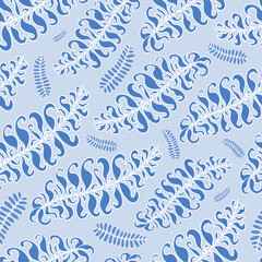 Ornate tropical leaves seamless pattern in light cobalt blue colour.