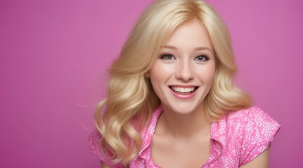 portrait of a woman model smiling pink background 
