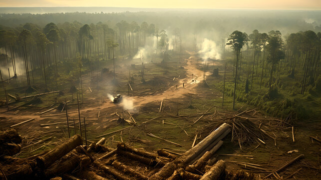 The depiction of deforestation showing a forested area being cut down. Climate change impact