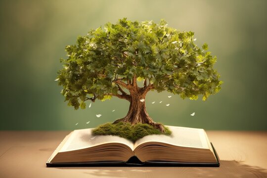a tree growing out of a book