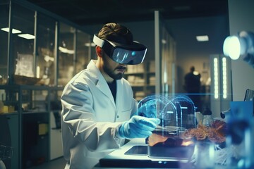 Virtual reality, overlay and science doctor in metaverse researching and working on futuristic 3d digital screen. Future, innovation and researcher in vr headset busy in a laboratory with medical ai. 