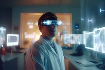 Virtual reality, overlay and science doctor in metaverse researching and working on futuristic 3d digital screen. Future, innovation and researcher in vr headset busy in a laboratory with medical ai. 