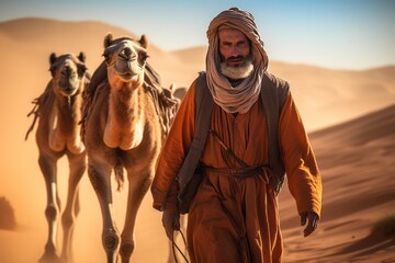 Berber man leading camel caravan. A man leads two camels in the desert