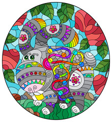 An illustration in the style of a stained glass window with a bright cartoon rabbit on a background of apples, grass and blue sky, oval image