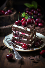 decadent slice of black forest chocolate layer cake with cream and fresh cherries - obrazy, fototapety, plakaty