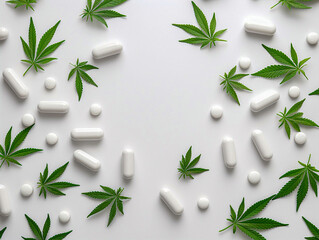Close up of medical products with cannabinoid capsules with marihuana leaves on it. Painkillers for treatment. - obrazy, fototapety, plakaty