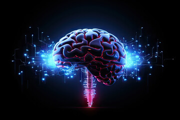 Digital AI electronic brain made from metallic with neon light, neural data storage machine, Artificial intelligence neural system, futuristic technology concept, with Generative Ai.