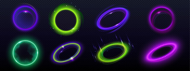 3d neon electric light and flare halo ring vector effect. Abstract speed frame with edm energy glow on black background. Purple, green and blue radial orb vortex shape. Beautiful fiber motion tunnel - obrazy, fototapety, plakaty