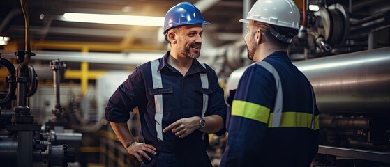 Two happy intelligent engineers discuss production details in factory