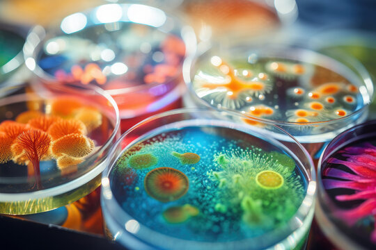Colorful variety of microorganism inside petri dish plate in laboratory with super macro zoom background, including of bacteria, protozoa, algae, and fungi, with Generative AI.