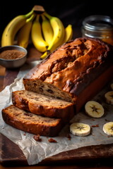 loaf of banana bread with cut slices and ripe bananas, editorial stylist gourmet food magazine