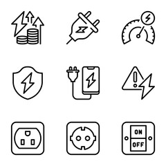 set of electric related vector line icons. shock, increase, efficiency, lightning, recycle, flash, price, protect, stroke, thunder, eco, outline, electrician, fast, shield, warning, cost