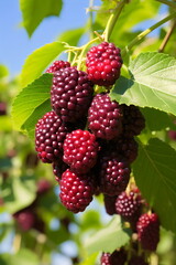branch with mulberries on tree in sunshine, out of focus background
