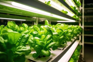 Fresh green salad growing in hydroponic farm. Selective focus