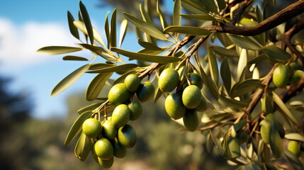 Fototapeta premium branch with green olives on tree in sunshine, orchard grove out of focus in background