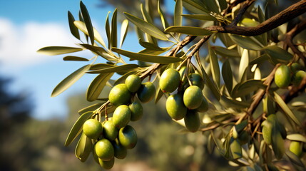 branch with green olives on tree in sunshine, orchard grove out of focus in background