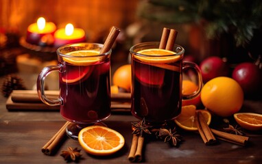 Mulled wine with spices on wooden background. Selective focus.