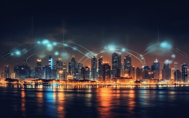 Modern city at night and network connection concept as a business background.