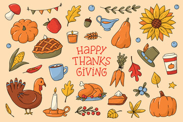 Set of Thanksgiving doodles, cartoon elements, clip art for stickers, prints, sublimation, cards, posters, signs, planners, etc. EPS 10