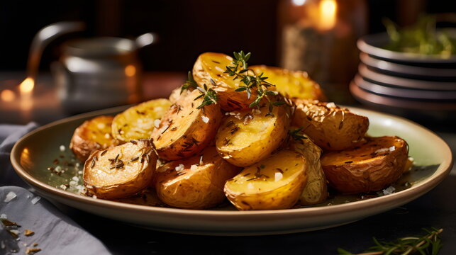 roast potatoes on plate with thyme and buter editorial photo 