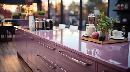 Fototapeta na wymiar View of modern kitchen with purple elements