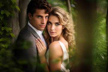 AI generated image of wedding couple in the park or forest