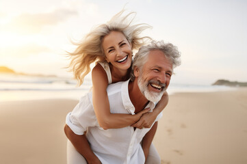 AI generated image of happy mature senior couple on the beach piggyback - Powered by Adobe