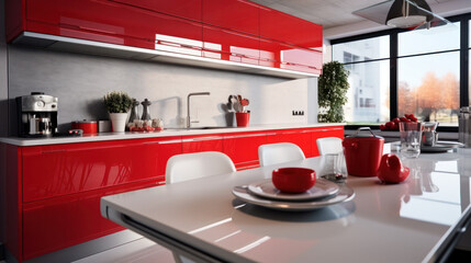 modern red glossy kitchen interior with big window