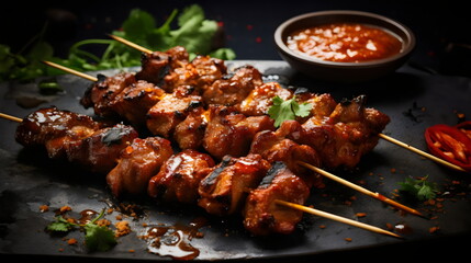 marinated chicken kebabs on skewers with dipping sauce and coriander herbs, editorial photo on...