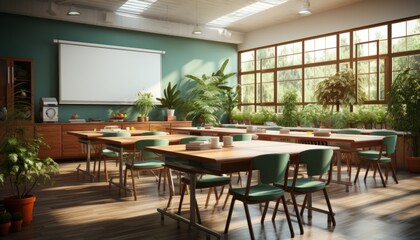 the interior of a school class during the study season, a college or university office inside. Made in AI