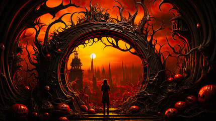 Tree shaped arch passage to another dimension with a person standing beneath