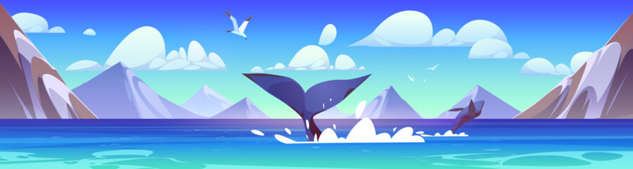 Humpback whale tale above sea water, mountain landscape on horizon, seagulls flying in blue sky. Vector cartoon illustration of huge marine mammal animal diving in ocean bay, wildlife observation