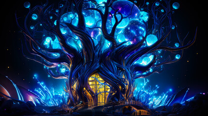 Fototapeta premium Fantasy tree building architecture lights and blue liquid leaves
