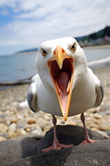 closeup of angry aggressive seagull squawking at camera at the beach with wide angle lens