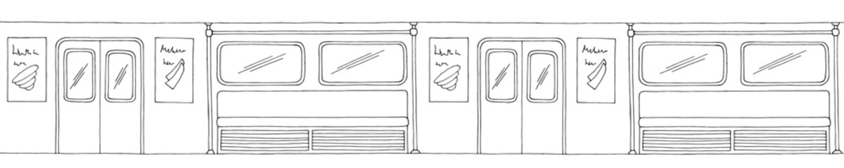 Train interior graphic metro subway black white long sketch illustration vector 