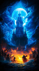 Ancient tower surrounded by storm clouds and lightning, warriors are going through the fire towards the tower