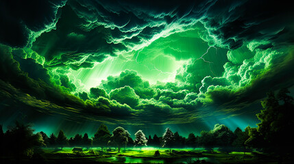 Epic scenery with a giant opening in a storm cloudscape over a green valley with trees