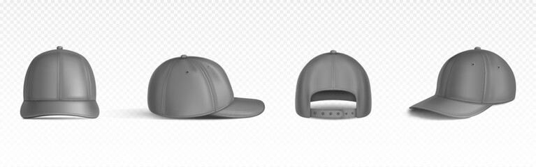 Baseball cap mockup from different views - front, back, three quarter and side. Realistic vector templates of gray snapback hats with visor. Blank sport uniform headwear - cotton clothing elements.