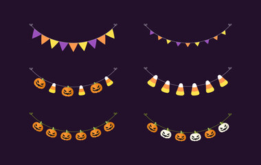 Cute Halloween Bunting Garland Set with Jack O Lantern, Pumpkin and Candy Corn. Simple trick or treat banner hanging party decor vector element.