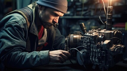 Fototapeta na wymiar Mechanic works diligently to repair a faulty starter motor, employing expertise to restore smooth engine startup and ensure the vehicle is ready for reliable and efficient driving. Generated by AI.
