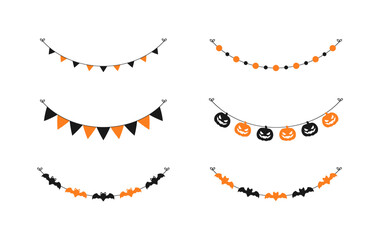 Cute Halloween Garland Bunting Set with Jack O Lantern, Pumpkins and Bats. Simple banner hanging party classy decor vector element.