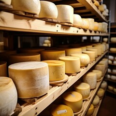 Storage of cheese of different varieties on wooden shelves in the refrigerator. Cheese on the shelves of the storage chamber. Generative AI
