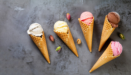 Assorted ice cream flavours in delightful waffle cones, a treat for every taste bud. Over stone...