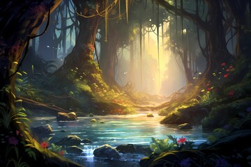 Fantasy Pathway Through A Dense Forest.Moonlight shines.Fantasy Backdrop Concept Art Realistic Illustration Video Game Background Digital Painting CG Artwork Scenery Artwork Serious Book Illustration. - 633255715