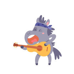 Donkey playing guitar, cute animal holding acoustic musical instrument to play rock music